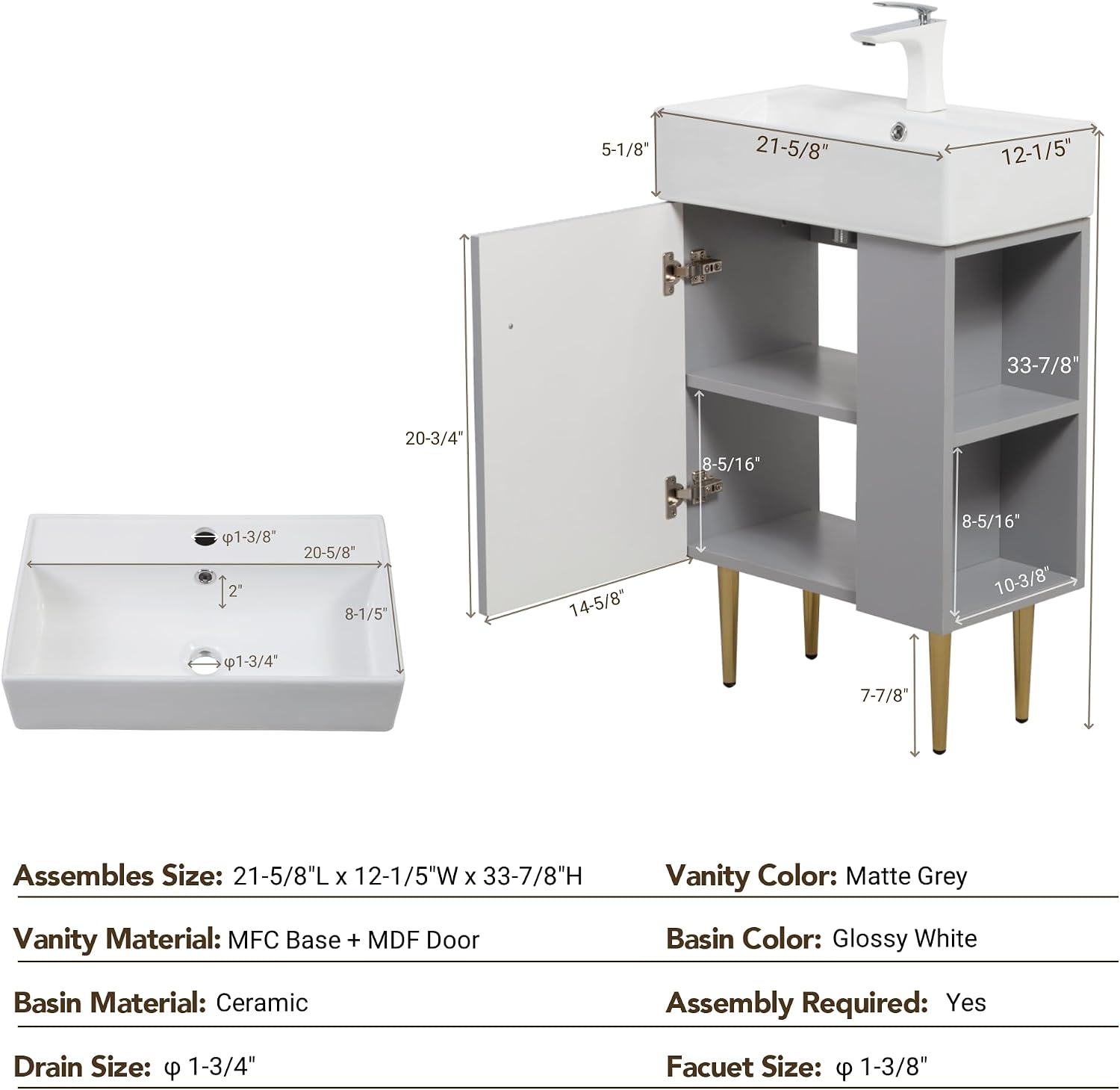 21.6 Inch Bathroom Vanity with Sink, Vanities with Square Ceramic Sink Top and Right Side Storage, Combo Stand Storage Cabinet Set for Small Bathroom (Matte Grey)