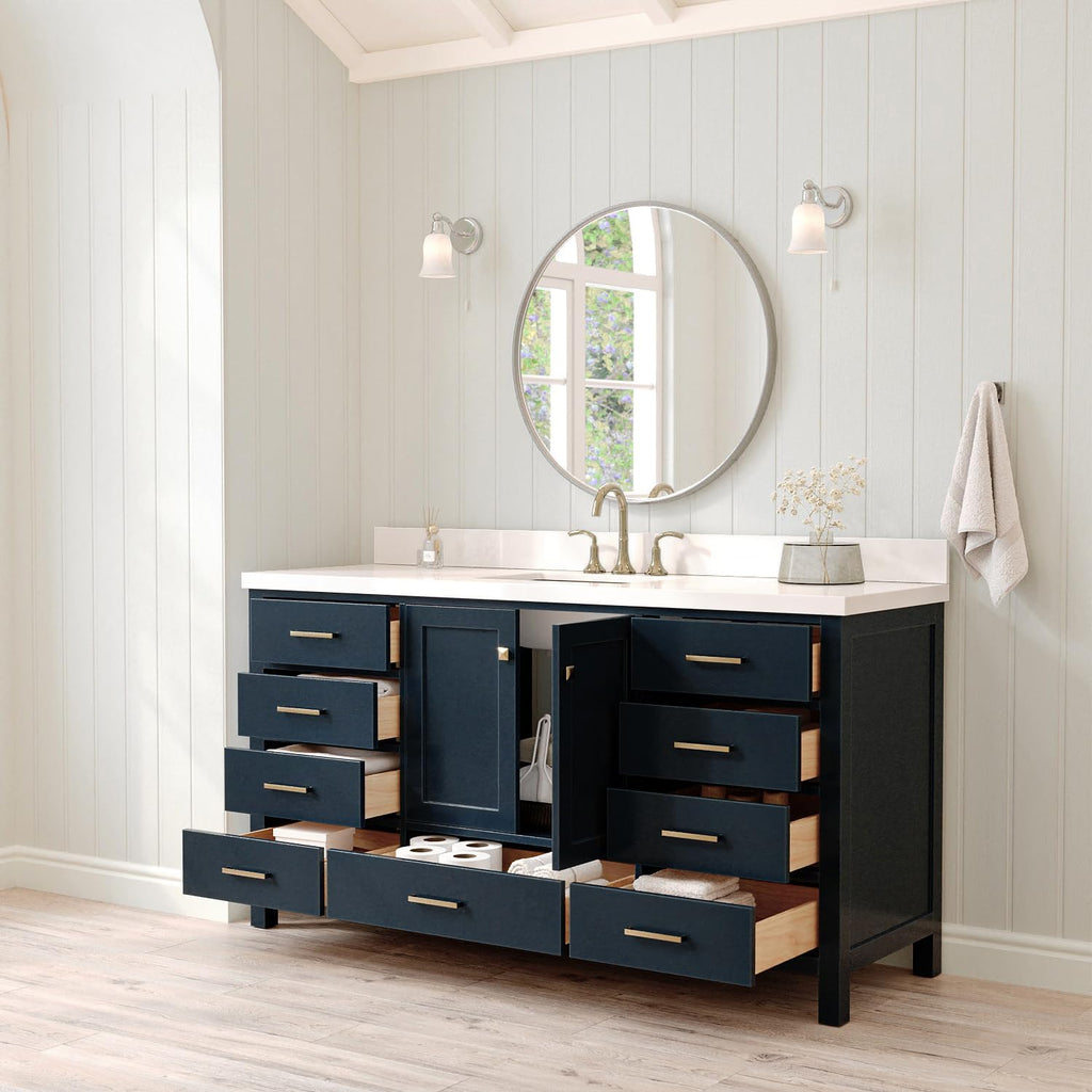 ARIEL Cambridge 66-inch Bathroom Vanity with Sink,Solid Wood, 1.5-inch Pure White Quartz Countertop, Single Rectangular Porcelain Sink, 2 Soft Closing Doors, 9 Dovetail Drawers, Midnight Blue
