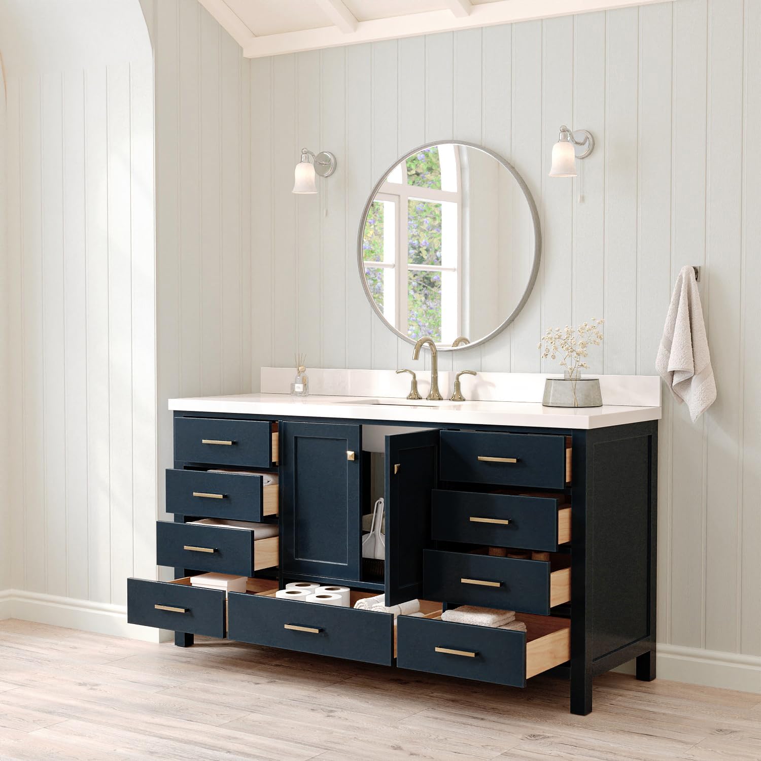 ARIEL Cambridge 66-inch Bathroom Vanity with Sink,Solid Wood, 1.5-inch Pure White Quartz Countertop, Single Rectangular Porcelain Sink, 2 Soft Closing Doors, 9 Dovetail Drawers, Midnight Blue