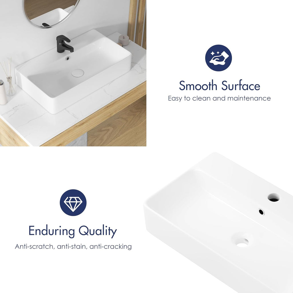Rectangle Bathroom Vessel Sink 28' x 16.5', Eridanus Wall Mount Sink Ceramic Porcelain, Modern Above Counter Sink White Floating Lavatory Vanity Trough Art Basin with Overflow