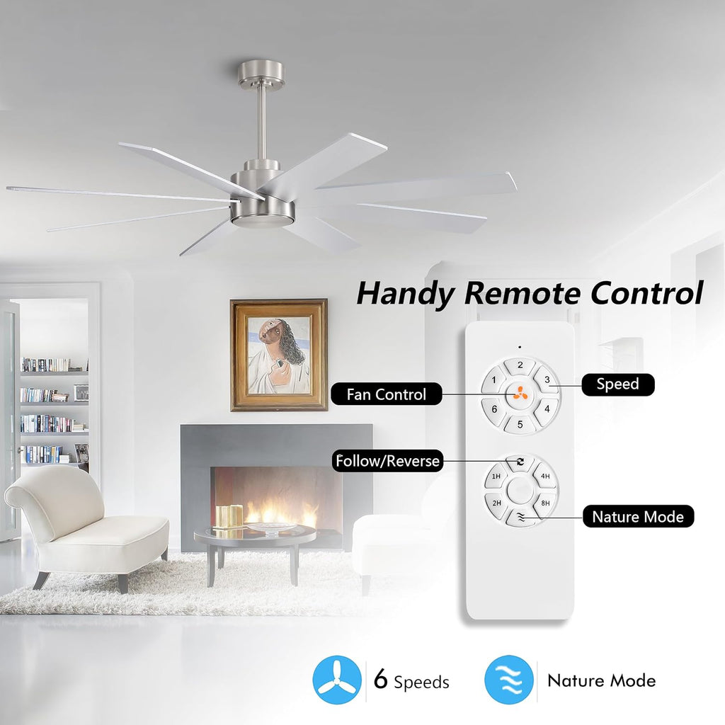 WINGBO 72' Large DC Ceiling Fans without Lights, 3 Downrods, 8 Plywood Blades, 6-Speeds Reversible DC Motor, Indoor Ceiling Fan No Lights for Bedroom Living Room Patio, Brushed Nickel and Silver