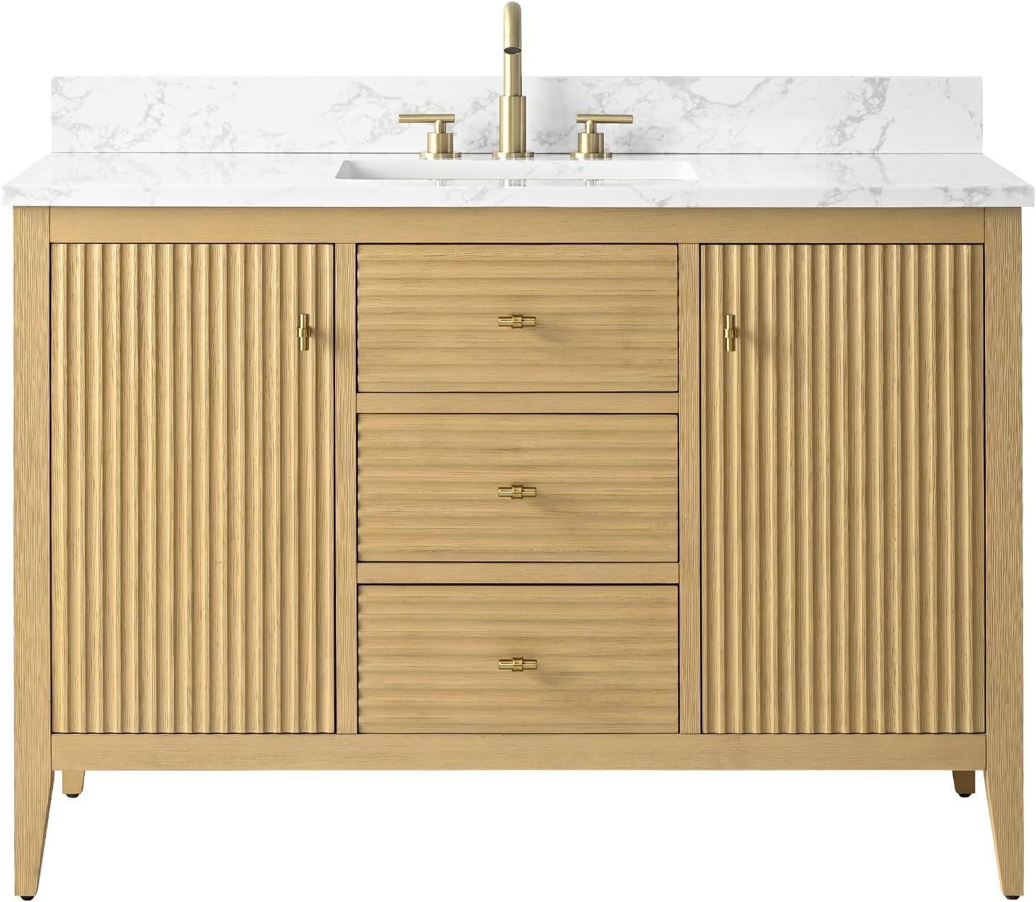 HOMEBEYOND 48' Bathroom Vanity with Sink, Solid Wood Bathroom Vanity Free-Standing Cabinet, Drawers, Ceramic Top & Soft Closing Door, Golden Brushed Handware, Natural Oak
