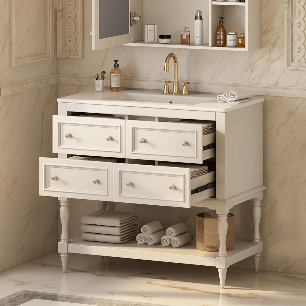 Merax Country 36' Bathroom Vanity with Sink, Farmhouse Bathroom Vanity Storage Cabinet with 4 Drawers and Open Shelf, Solid Wood Frame Bath Storage Vanity