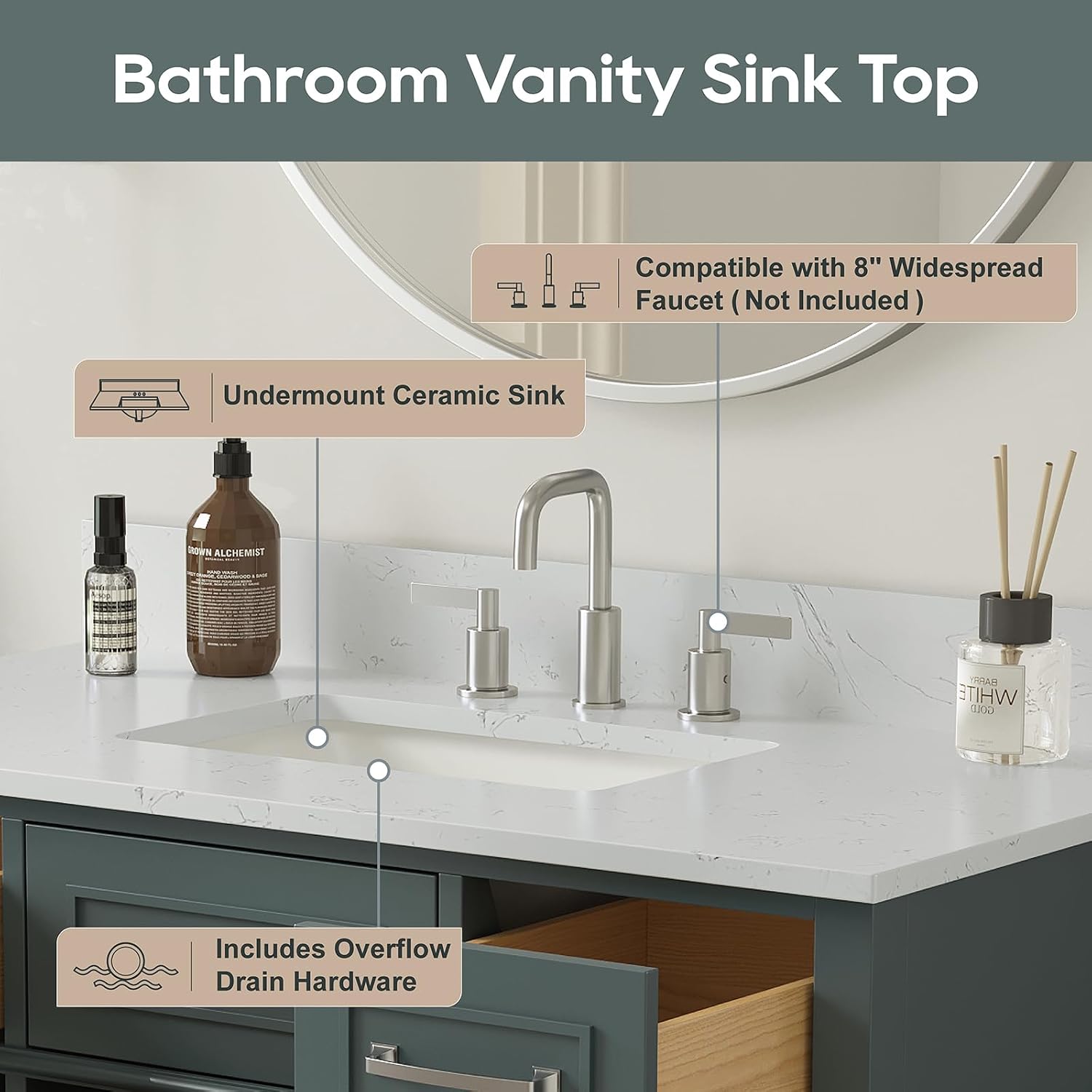 42 Inch Bathroom Vanity with Sink, Single Sink Bathroom Vanity with Adjustable Feets, Modern Bathroom Storage Cabinet with Soft Closing Doors & Dovetail Drawers, Green