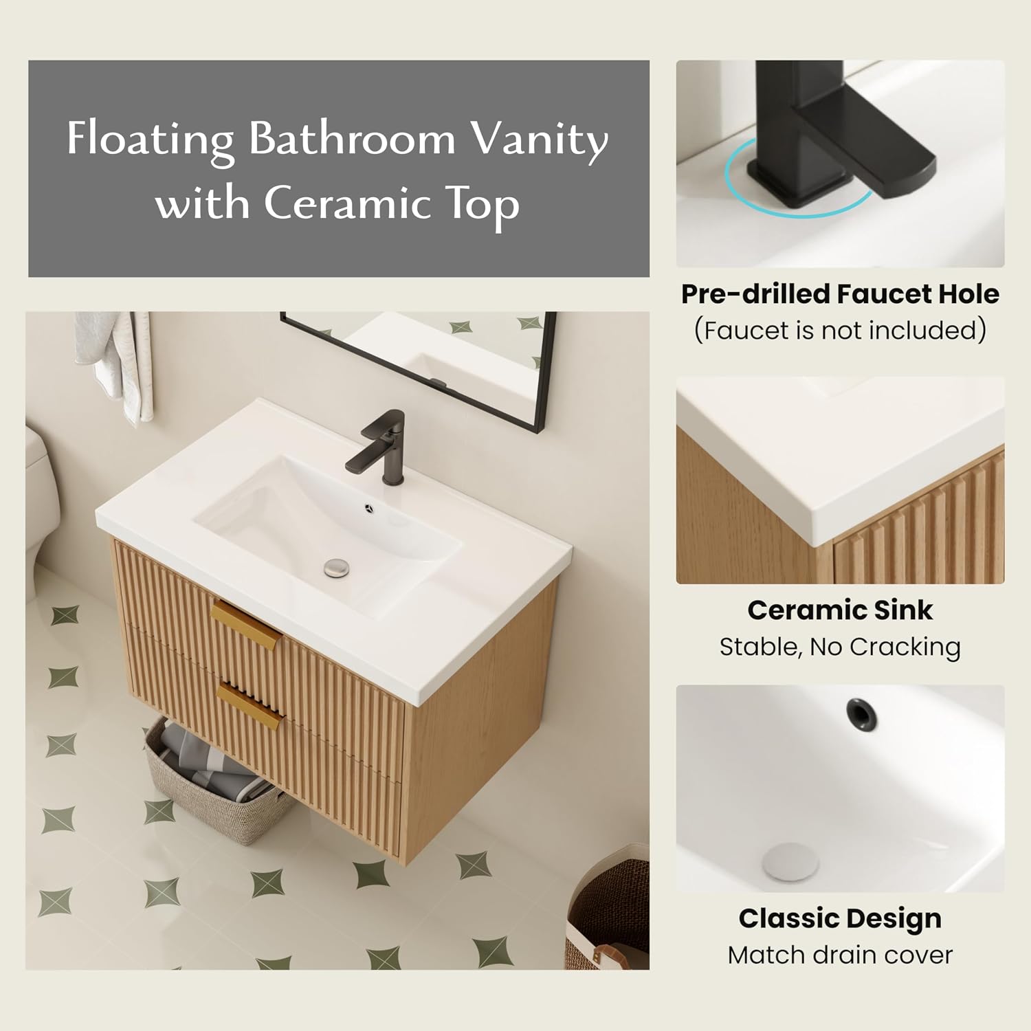 Modern 30' Floating Bathroom Vanity with White Sink in Oak Gray, Solid Wood, Fully Assembled, Single Sink