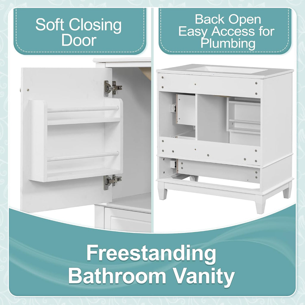 Mirightone 30' Vanity with Sink, Bathroom Vanities 30 Inch with Sink, Single Sink Bathroom Vanity with Door Shelf and Three Drawers, Restroom Vanity with Sink Top (White)