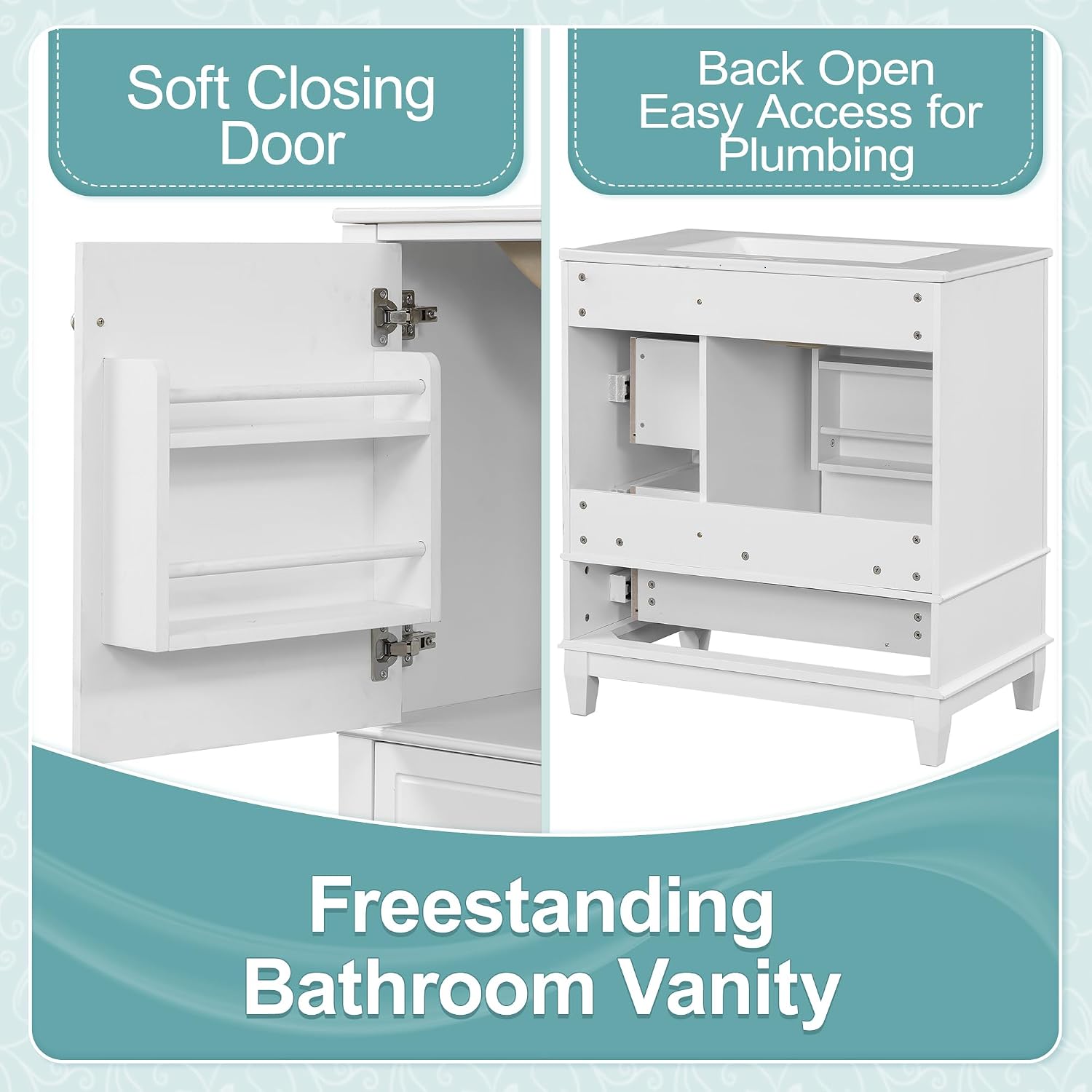 Mirightone 30' Vanity with Sink, Bathroom Vanities 30 Inch with Sink, Single Sink Bathroom Vanity with Door Shelf and Three Drawers, Restroom Vanity with Sink Top (White)
