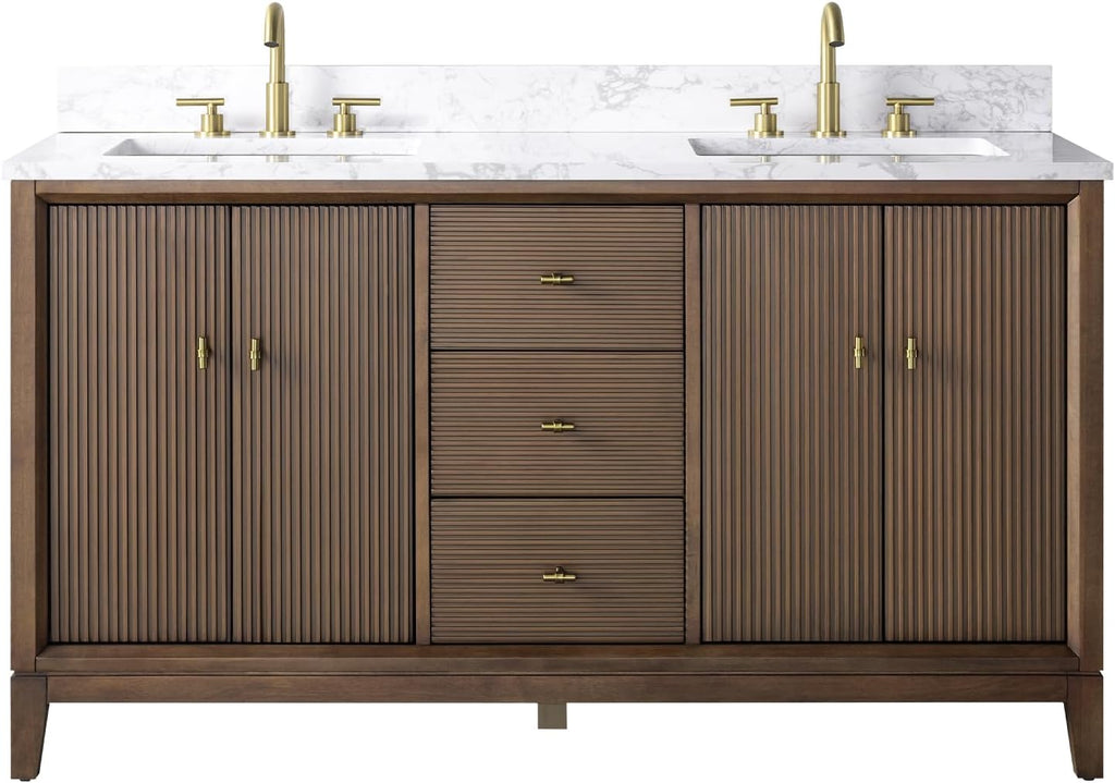HOMEBEYOND 60' Bathroom Vanity with Double Sink & Engineered Marble Top, Solid Wood Frame, Linear Pattern & Soft Close Door | Golden Brushed Handware, Walnut