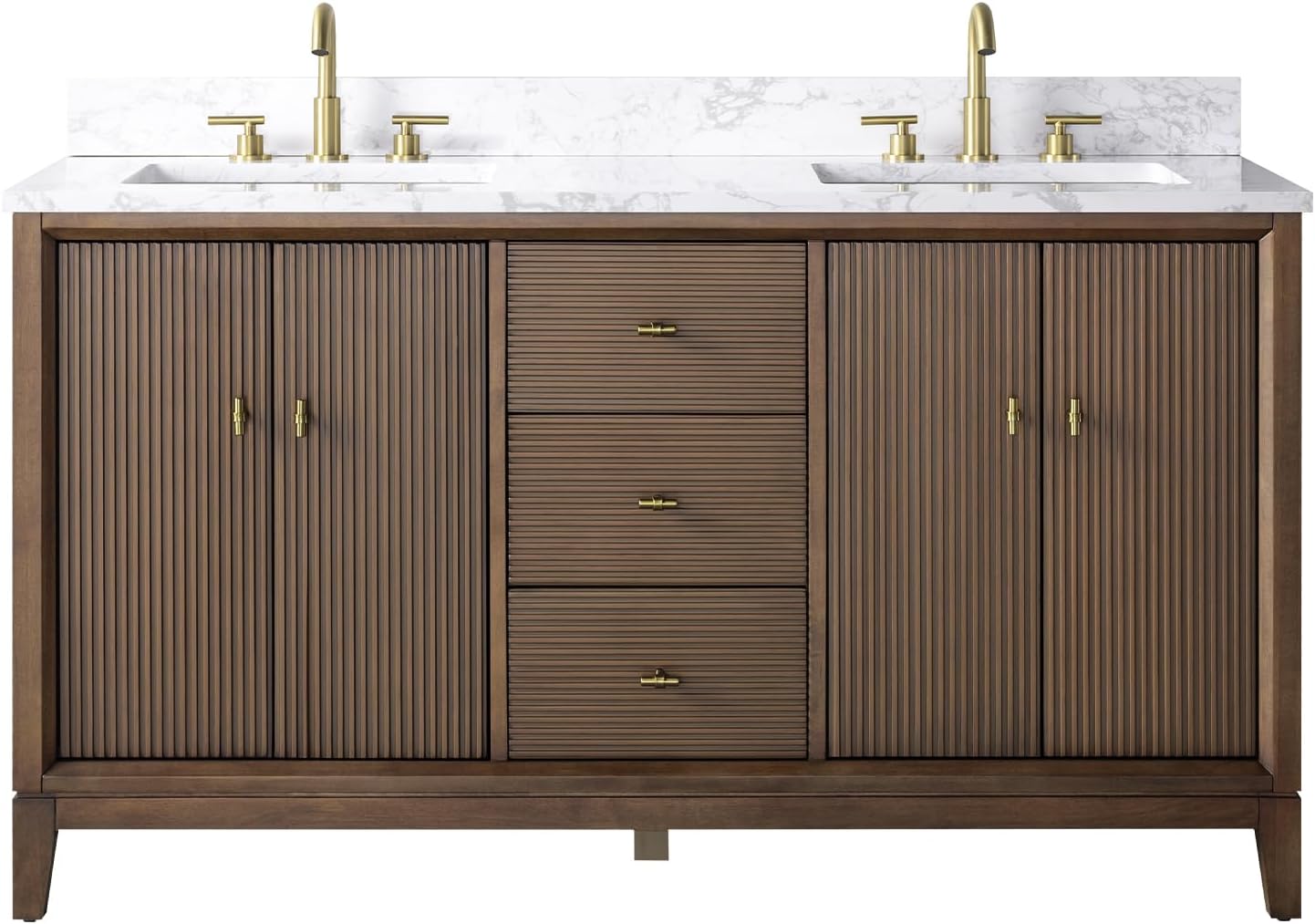 HOMEBEYOND 60' Bathroom Vanity with Double Sink & Engineered Marble Top, Solid Wood Frame, Linear Pattern & Soft Close Door | Golden Brushed Handware, Walnut