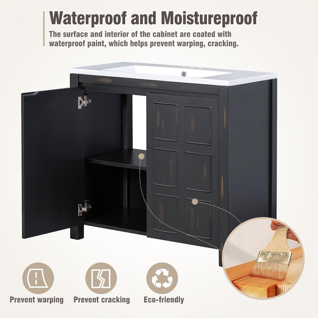 P PURLOVE 36' Bathroom Vanity with Sink Top Combo Set, Modern Single Bathroom Cabinet with Adjustable Shelf and Soft Closing Doors,Wood Frame