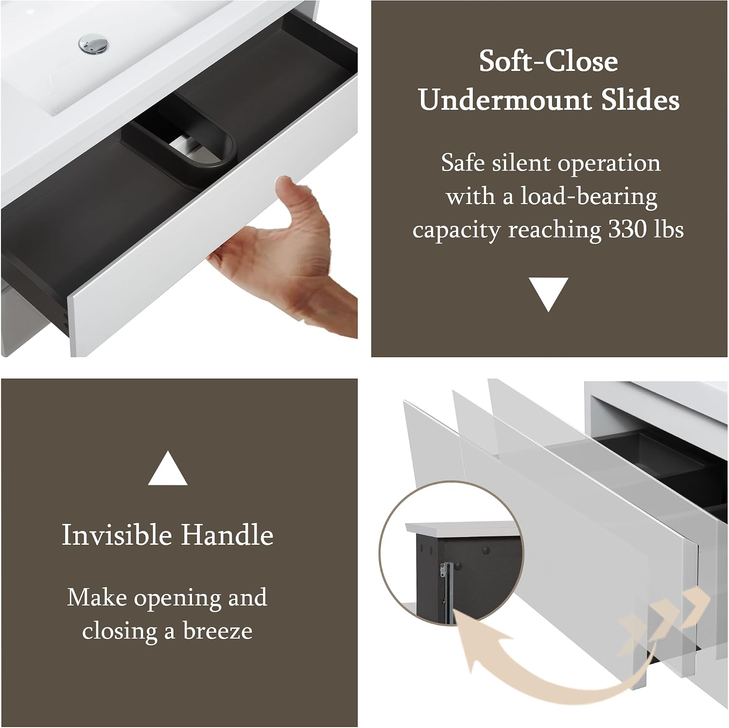 42' Floating Bathroom Vanity with Sink, Wall Mounted Bathroom Cabinet with Solid Surface Top and Soft Close Drawers, Glossy White (No Assembly Required)