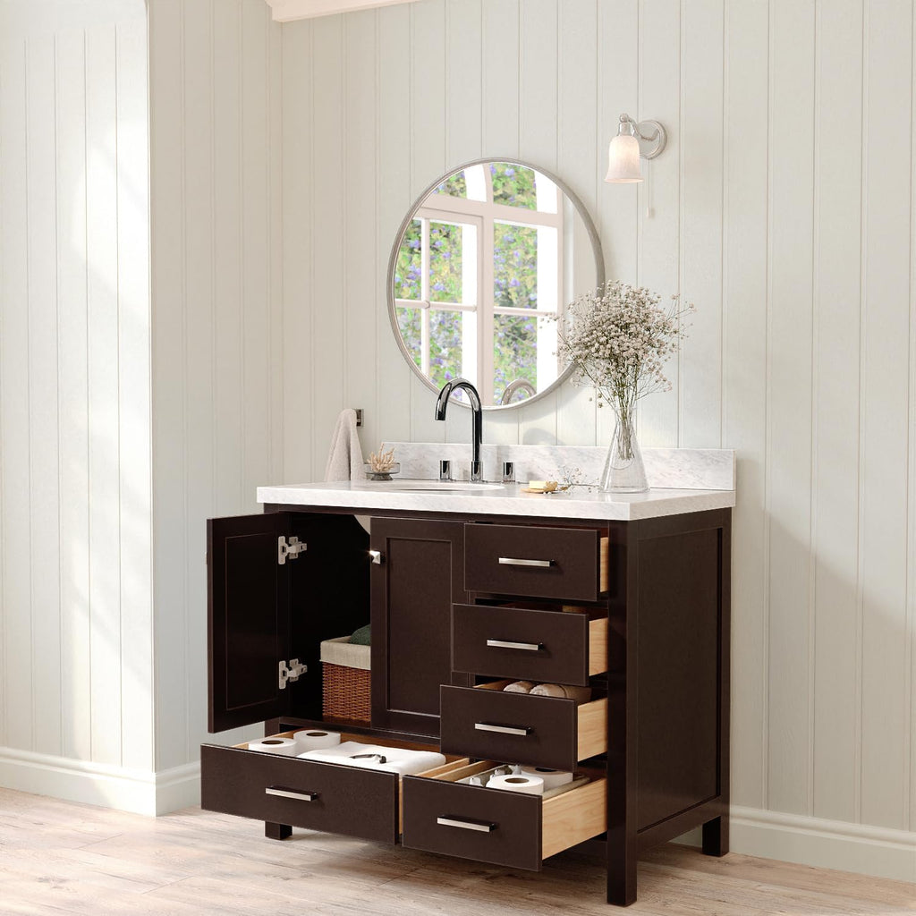 ARIEL Cambridge 42-inch Bathroom Vanity with Sink,Solid Wood, 1.5-inch Italian Carrara Marble Countertop & Backsplash, Single Oval Porcelain Sink, 2 Soft Closing Doors, 5 Dovetail Drawers, Espresso