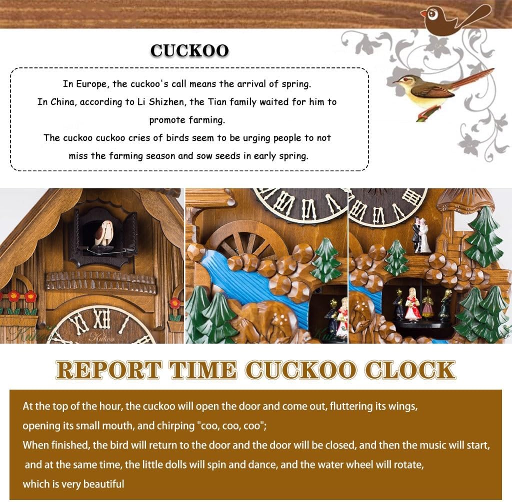Cuckoo Clocks Wall Clock Decorative Boho Pastoral Style Painted Clock, Hand Carved Cuckoo Clock, European Style Wall Decoration, for Living Room, Report Time Hourly