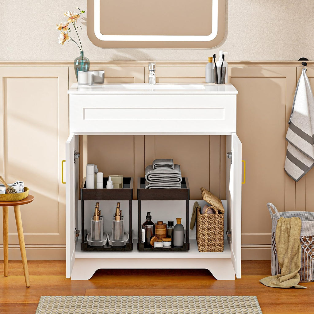 30 Inch Bathroom Vanity with Sink, Modern Bathroom Vanity with Ceramic Basin and Countertop, Easy Assembly (White)