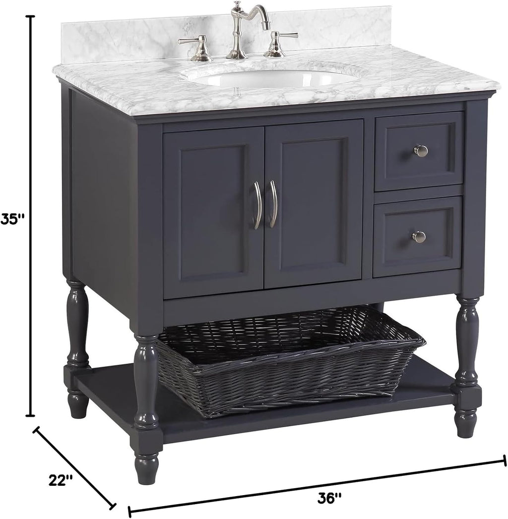 Kitchen Bath Collection Beverly 36-inch Bathroom Vanity (Marine Gray/Carrara): Includes Marine Gray Cabinet with Authentic Italian Carrara Marble Countertop and White Ceramic Sink