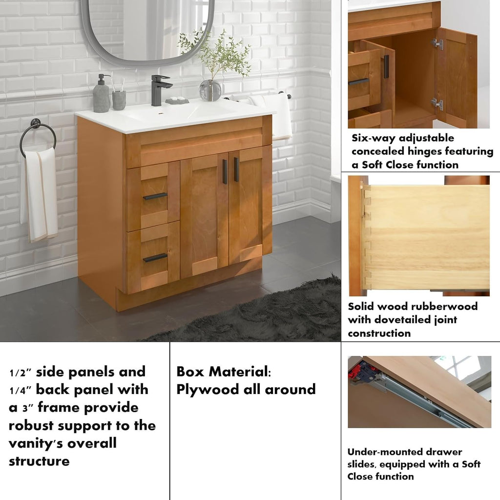 La Royal Maple Shaker Sink Base Bathroom Vanity with Drawers 36' Ready-to-Assemble Bathroom Cabinet Sink Base
