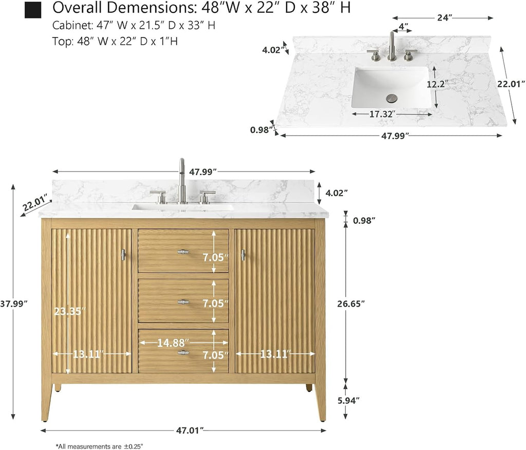 HOMEBEYOND 48' Bathroom Vanity with Sink, Solid Wood Bathroom Vanity Free-Standing Cabinet, Drawers, Ceramic Top & Soft Closing Door, Golden Brushed Handware, Natural Oak