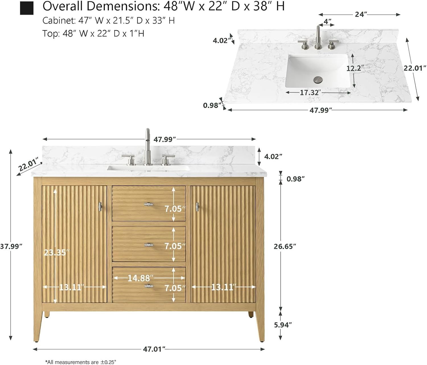 HOMEBEYOND 48' Bathroom Vanity with Sink, Solid Wood Bathroom Vanity Free-Standing Cabinet, Drawers, Ceramic Top & Soft Closing Door, Golden Brushed Handware, Natural Oak