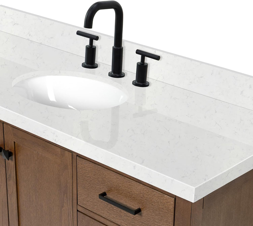 ARIEL Cambridge 66-inch Bathroom Vanity with Sink,Solid Wood, 1.5-inch Carrara White Quartz Countertop & Backsplash, Single Oval Porcelain Sink, 2 Soft Closing Doors, 9 Dovetail Drawers, Brown Oak