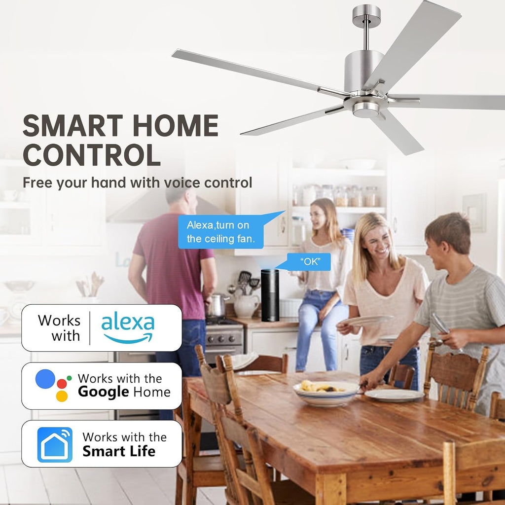OFANTOP Modern Silver 72 Inch Large Ceiling Fans with Lights and Remote, Quiet Reversible DC Motor for Patio Living Room, 6 Speed
