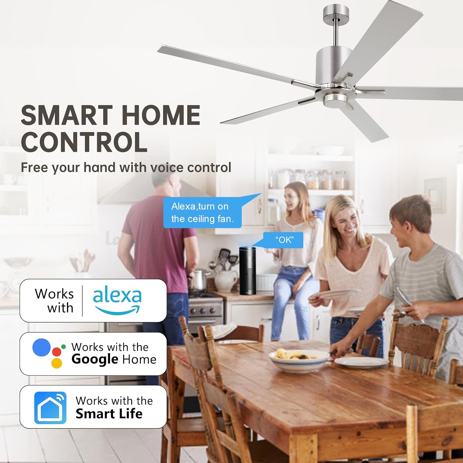 OFANTOP Modern Silver 72 Inch Large Ceiling Fans with Lights and Remote, Quiet Reversible DC Motor for Patio Living Room, 6 Speed