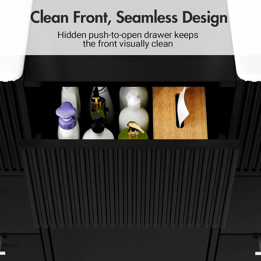 Kikihouse 60 Inch Bathroom Vanity with Double-Sink, Freestanding Modern Bathroom Vanity Cabinet with Ceramic Basin, Storage Organizer with 7 Drawers, for for Spacious Bathrooms (Black, 60 inch)