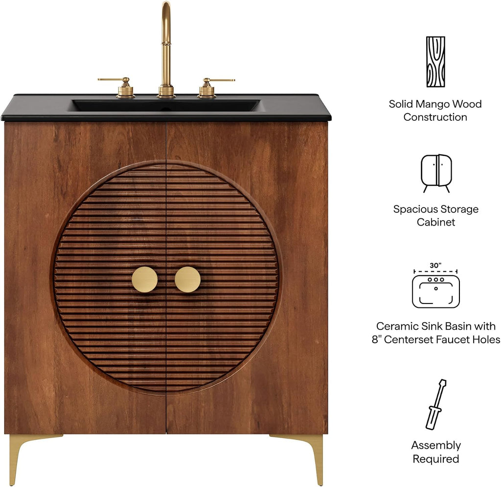Modway Vernon 30' Fluted Wood Bathroom Vanity in Walnut Black with Ceramic Sink – Mid-Century Modern Freestanding Vanity with Integrated Sink and Countertop
