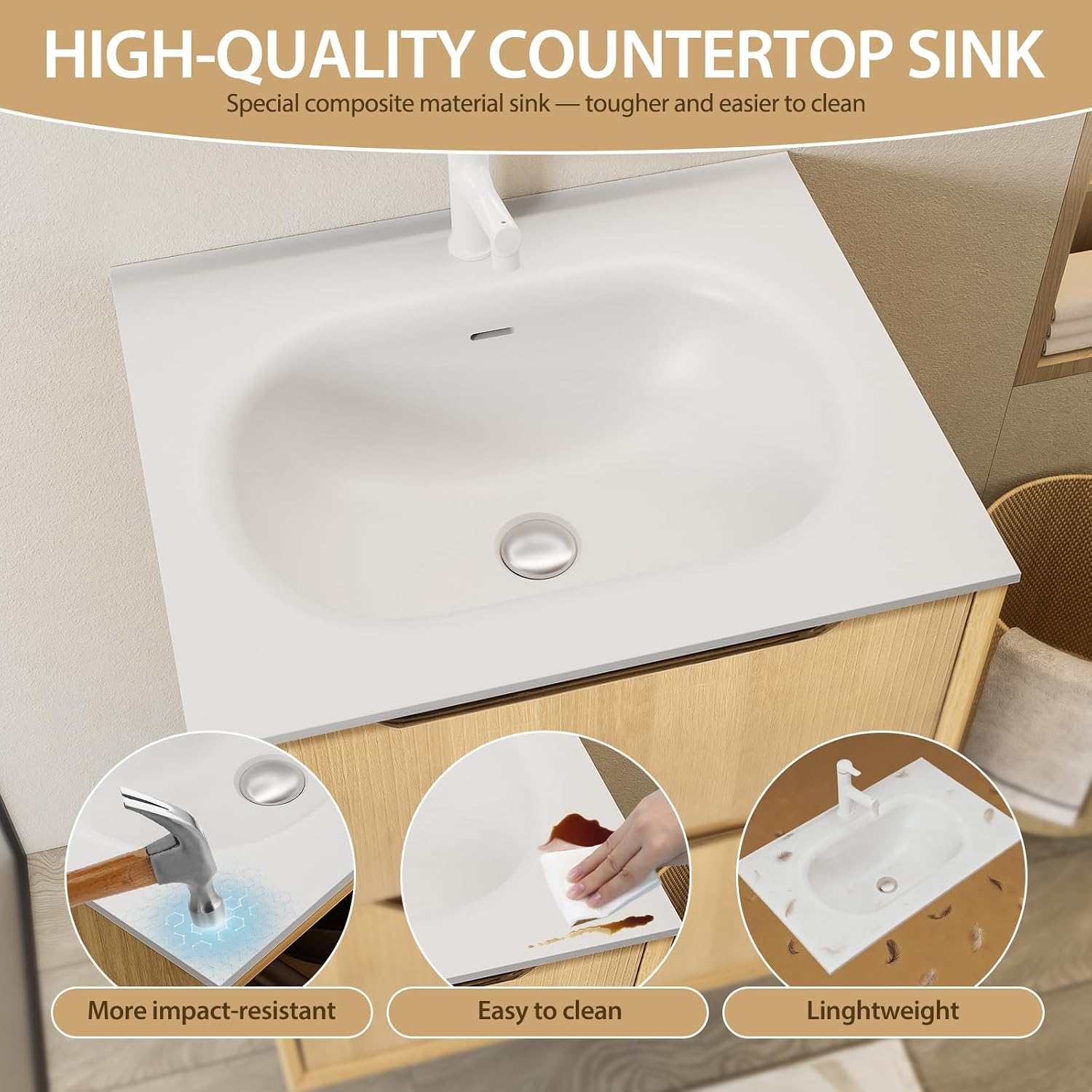 32' Japandi Floating Bathroom Vanity with Sink, Pre-Assembled Natural Oak Multi-Layer Solid Wood Bathroom Sink Vanity, Wall Mounted with Integrated Stone Top and 2 Soft Close Drawers