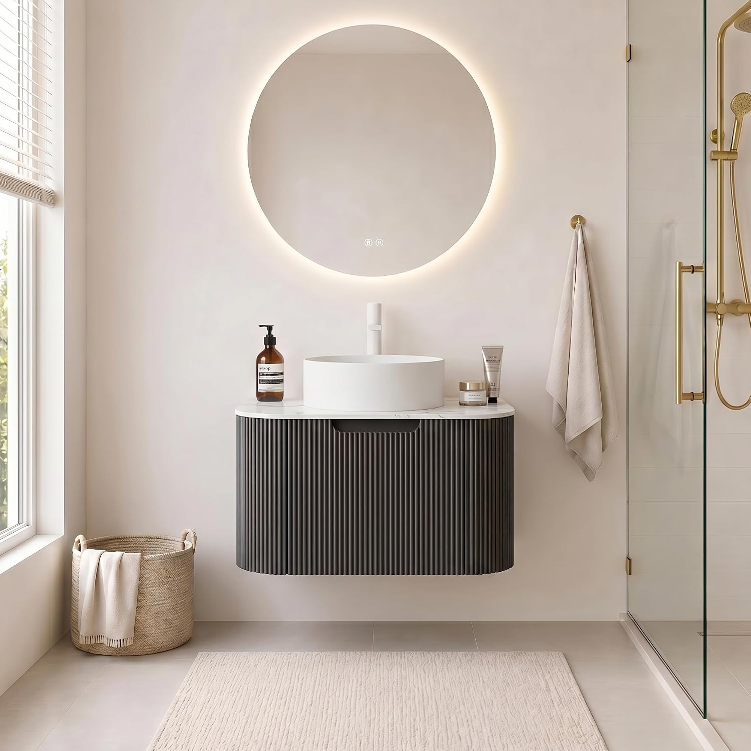 Yayzy 24' Floating Bathroom Vanity with Sink, Solid Wood Fluted Cabinet, White Round Ceramic Basin & Faux Marble Top, Soft-Close Drawer, Pre-Assembled, Gloss Black