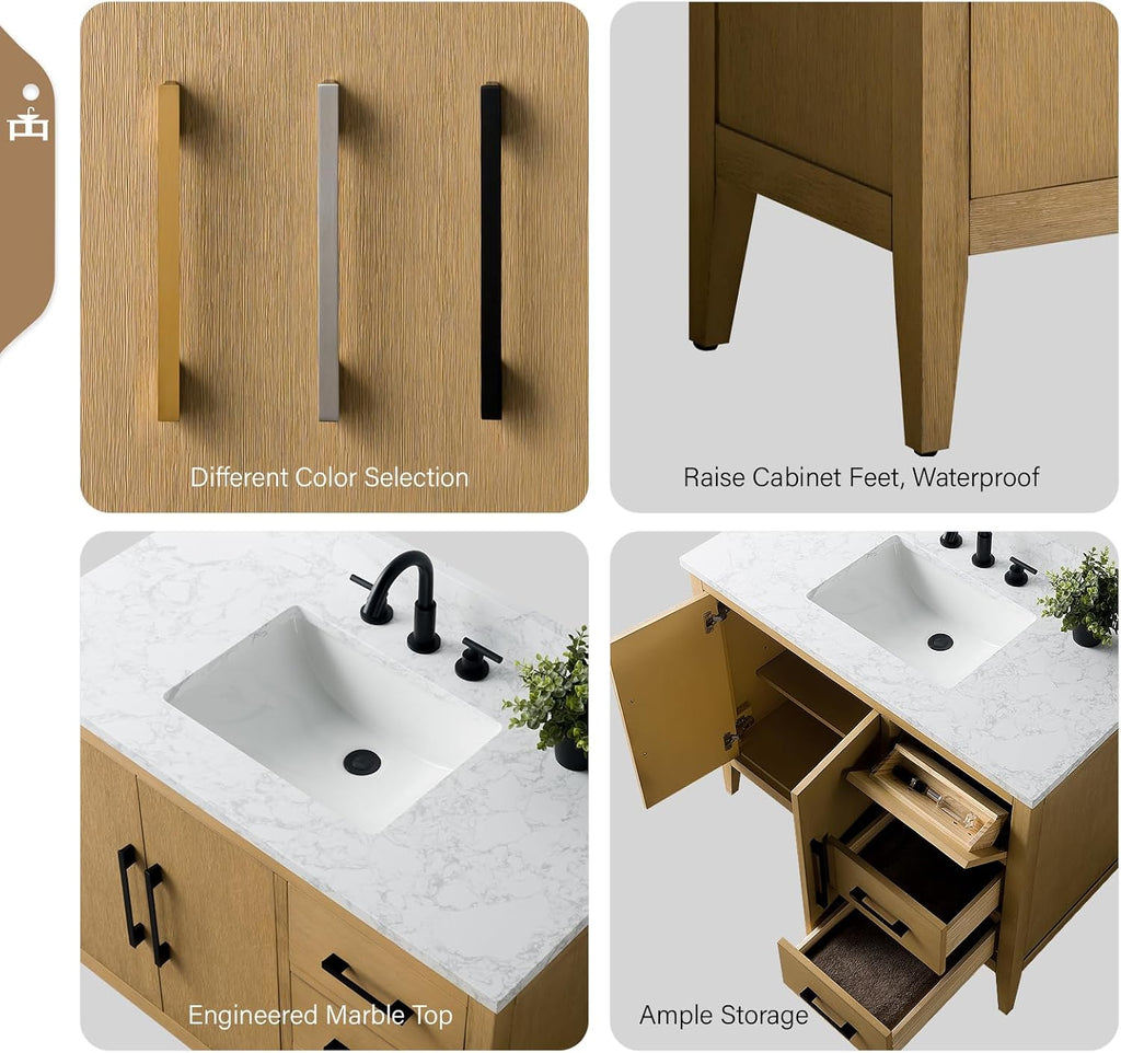 Vanity Art 42 inch Bathroom Vanity with Single Sink & Ceramic Top, Vanity Cabinet with Soft-Closing Doors, Drawers, Solid Wood Frame, Natural Oak, Brushed Nickle Handware