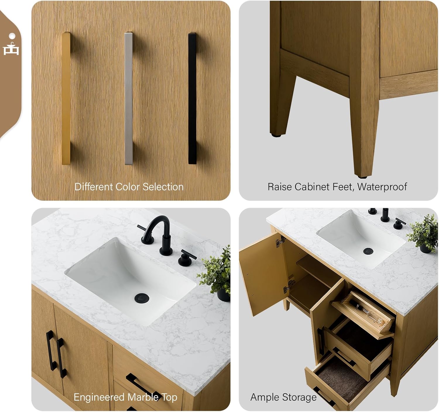 Vanity Art 42 inch Bathroom Vanity with Single Sink & Ceramic Top, Vanity Cabinet with Soft-Closing Doors, Drawers, Solid Wood Frame, Natural Oak, Brushed Nickle Handware
