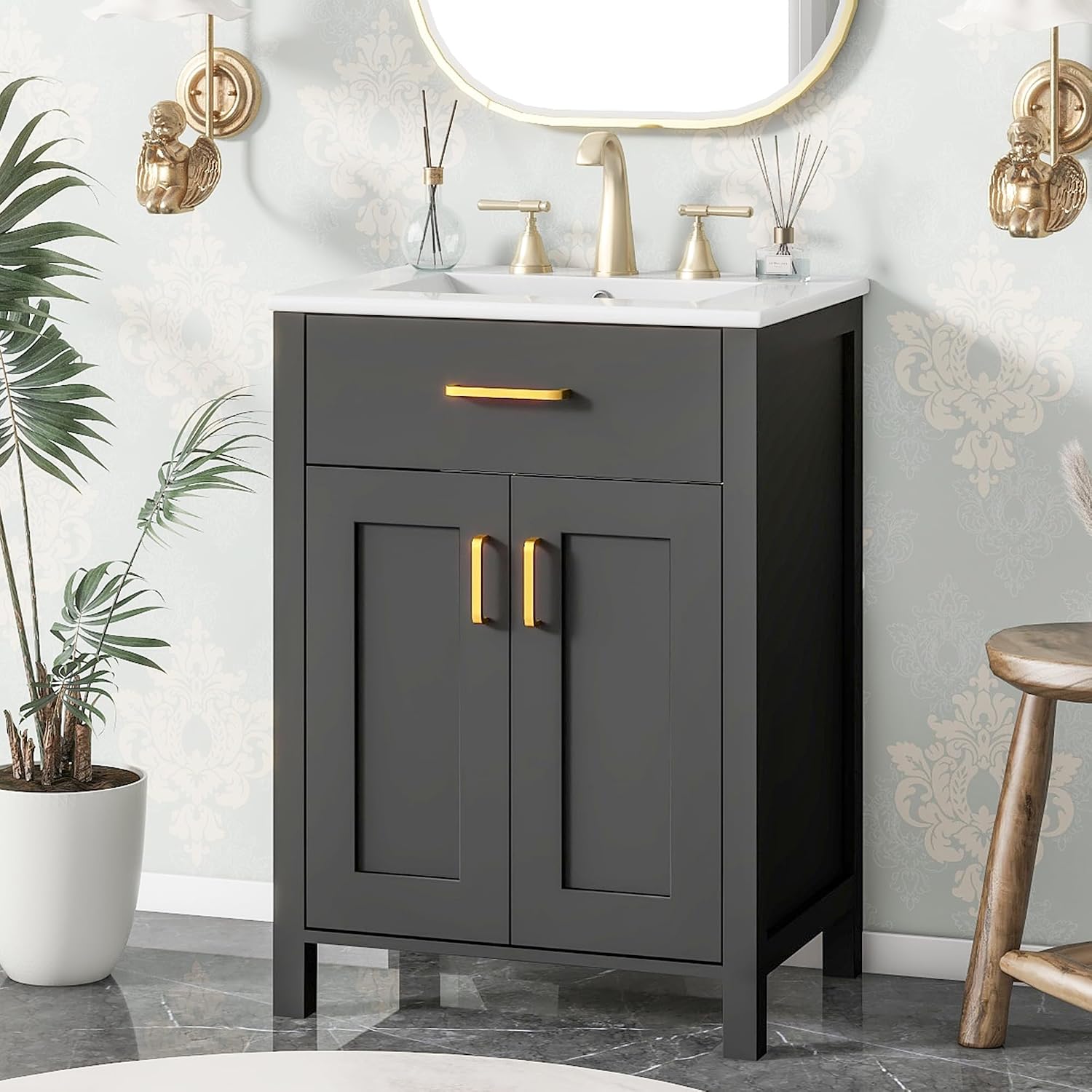 Harper & Bright Designs 24' Bathroom Vanity with Sink, Free Standing Single Basin Vanity Set with 2 Soft-Close Doors and Drawer, Modern Wooden Bathroom Cabinet with Ceramic Basin for Bathroom, Black