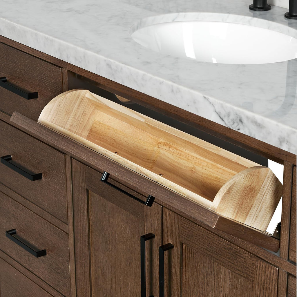 ARIEL Hepburn 54-inch Bathroom Vanity with Sink,Solid Wood, 1.5-inch Italian Carrara Marble Countertop & Backsplash, Single Oval Porcelain Sink, 2 Soft Closing Doors, 9 Dovetail Drawers, Brown Oak