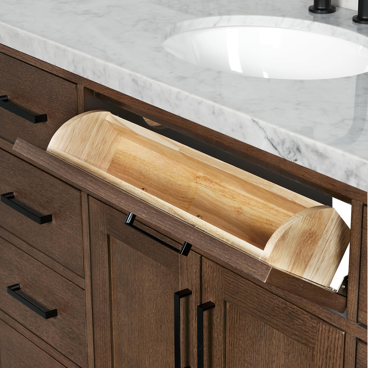 ARIEL Hepburn 54-inch Bathroom Vanity with Sink,Solid Wood, 1.5-inch Italian Carrara Marble Countertop & Backsplash, Single Oval Porcelain Sink, 2 Soft Closing Doors, 9 Dovetail Drawers, Brown Oak
