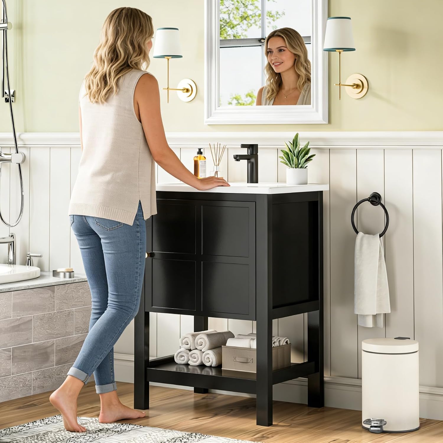 24 Inch Bathroom Vanity with Sink, Small Farmhouse Freestanding Bathroom Cabinet Combo Set, Soft Closing Door and Open Storage Shelf, Black