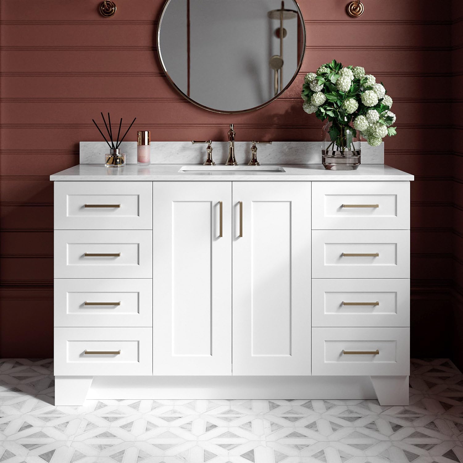 ARIEL Taylor 54-inch Bathroom Vanity with Sink,Solid Wood, 0.75-inch Italian Carrara Marble Countertop, Single Rectangular Porcelain Sink, 2 Soft Closing Doors, 9 Dovetail Drawers, White
