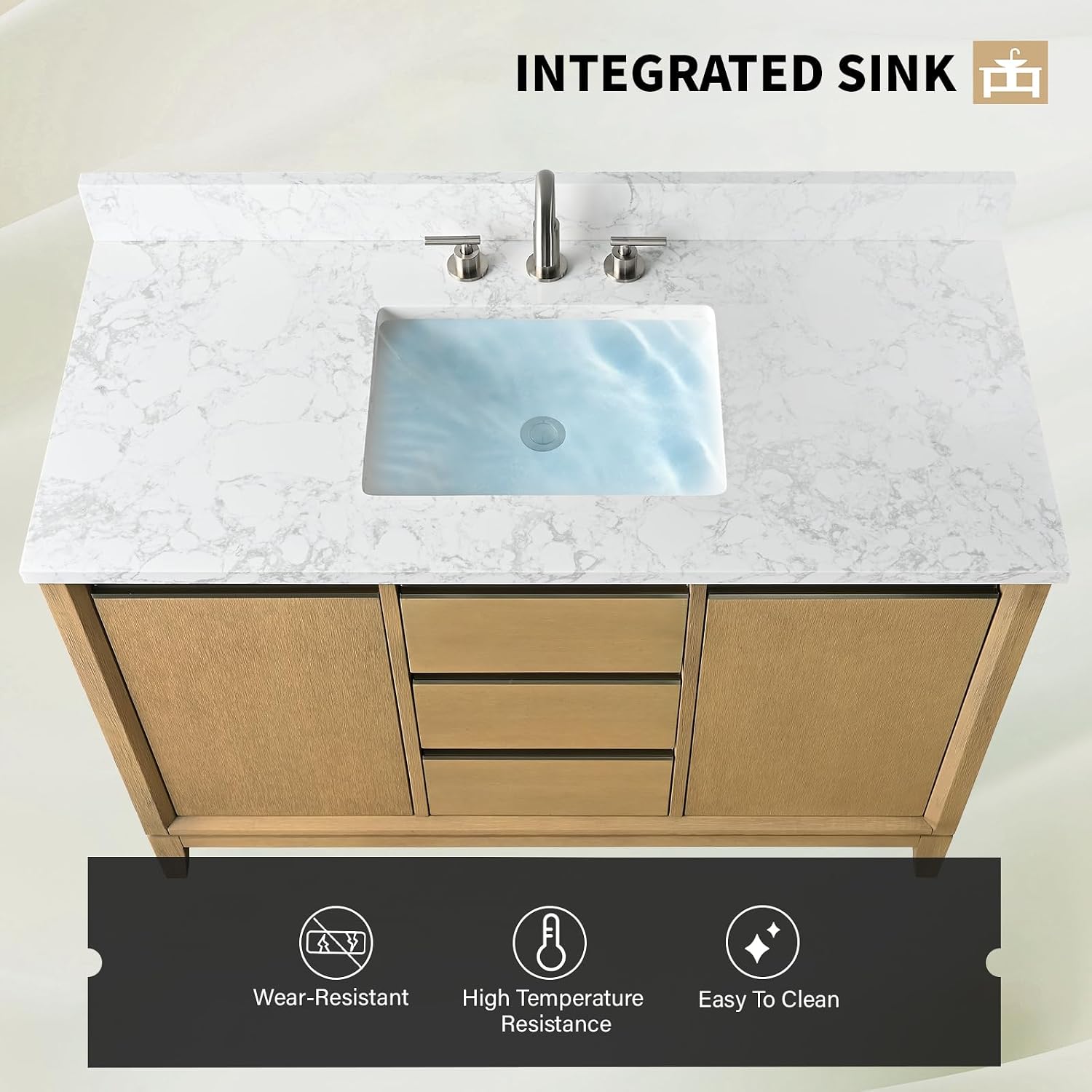 Vanity Art 48 inch Bathroom Vanity with Sink & Ceramic Top, Vanity Cabinet with Soft-Closing Doors, Drawers, Solid Wood Frame, Natural Oak, VA8048-NO1