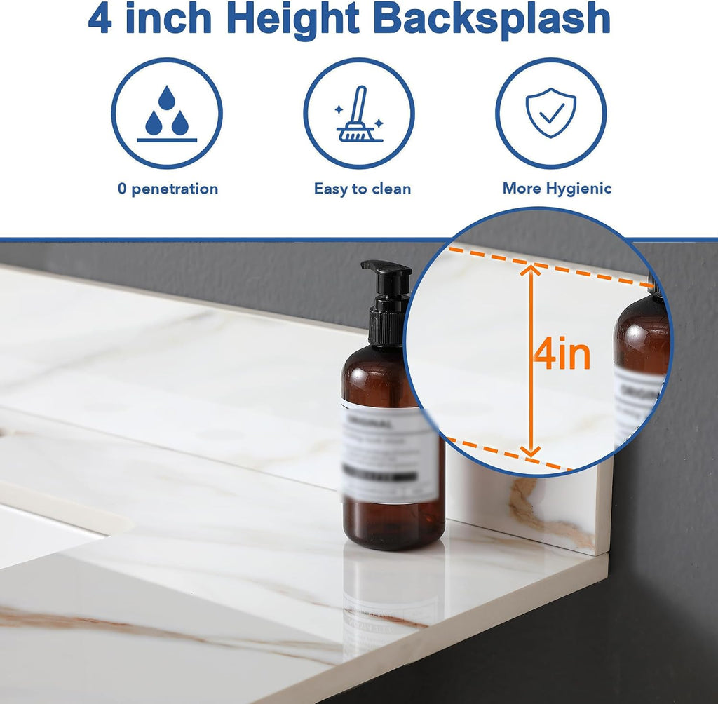 37 in Vanity Top with Sink, Marble Bathroom Vanity Top with 4' Backsplash, Pre-Drilled Faucet Single Holes, Undermount Rectangular Middle Sink, Sintered Stone Vanity Tops (Cabinet Not Included)