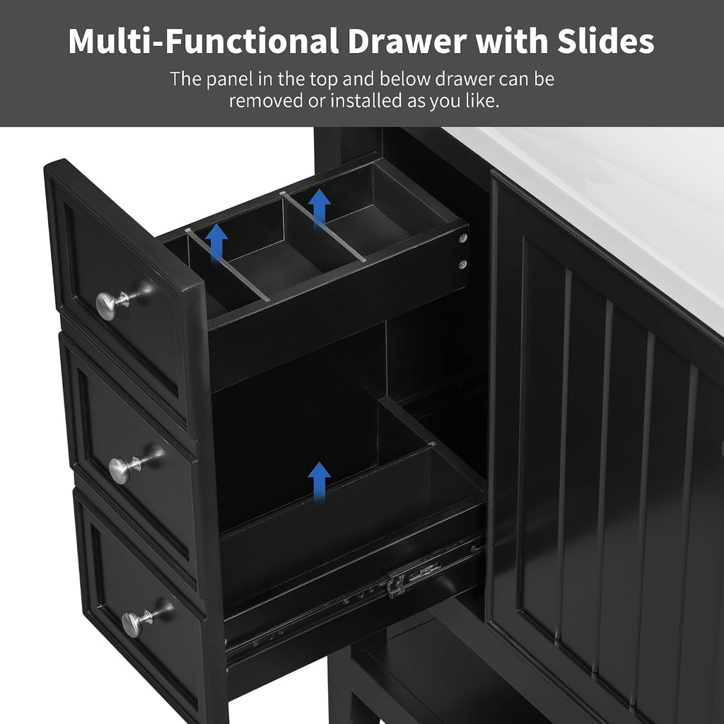 LUMISOL 36' Bathroom Vanity with Sink Combo, Bathroom Vanity Storage Cabinet with 3 Drawers & Open Shelf, Solid Wood Frame Bathroom Cabinet with Ceramic Sink, Black