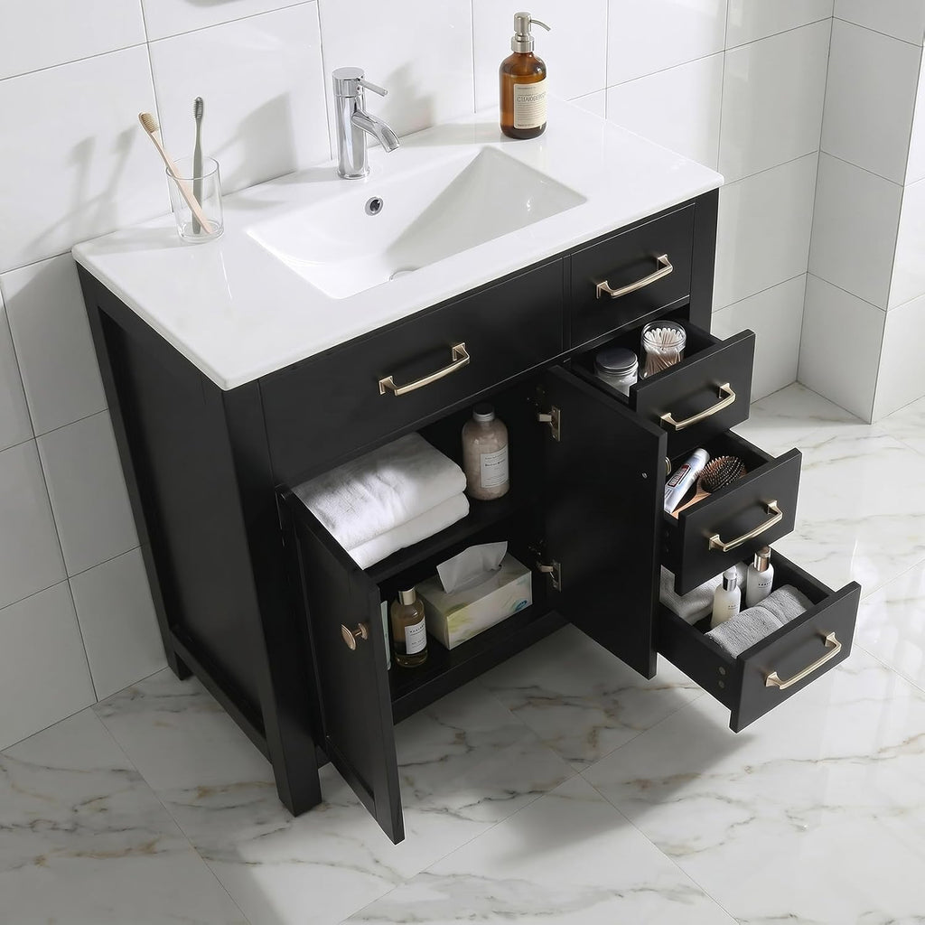 36 inch Bathroom Vanity with Sink Countertop Mirror Faucet Modern Black | Freestanding bathroom vanity cabinet, ceramic single sink combo