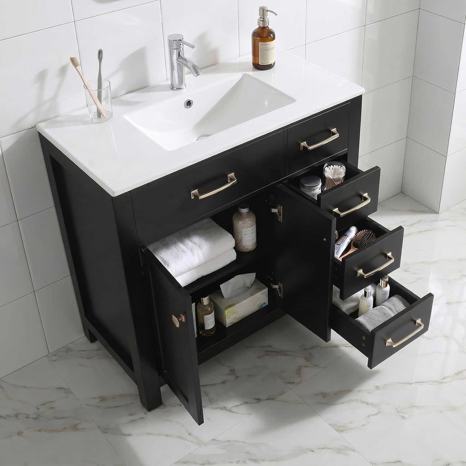 36 inch Bathroom Vanity with Sink Countertop Mirror Faucet Modern Black | Freestanding bathroom vanity cabinet, ceramic single sink combo