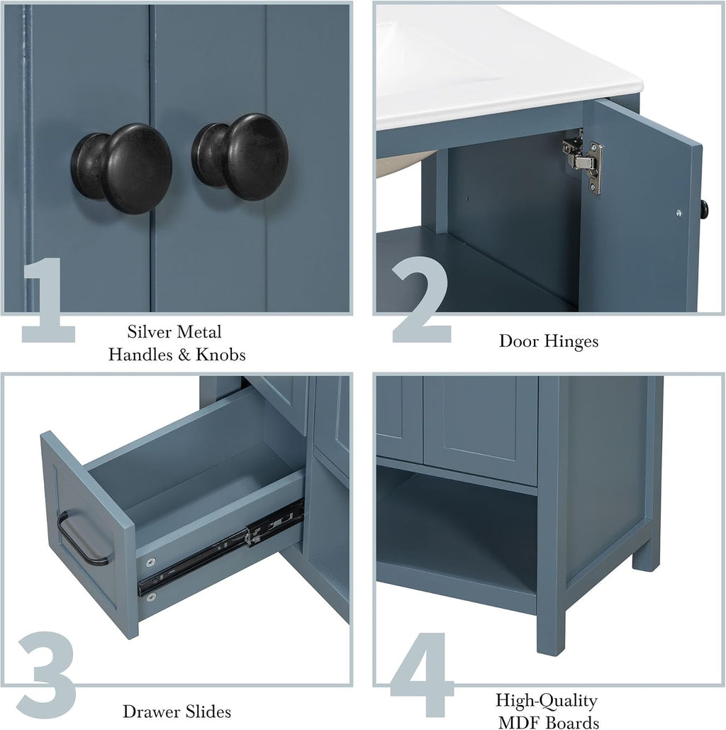 LUMISOL 30 Inch Bathroom Vanity with Ceramic Sink, Solid Wood Bathroom Vanity with 2 Drawers, Soft-Close Doors & Open Shelf, Freestanding Bathroom Storage Cabinet with Sink, Blue