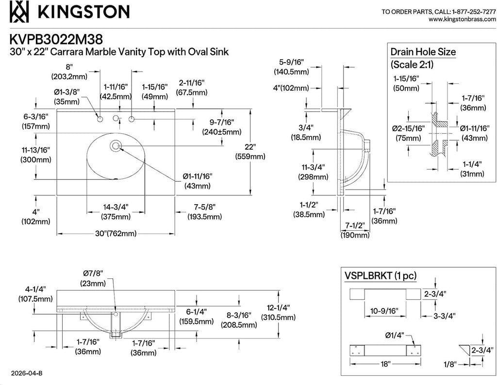 Kingston Brass KVPB3022M38 Fauceture Templeton Vanity with Tops with 17' x 14' Undermount Sink, 30' L x 22' W x 12-1/4' D, Carrara Marble White
