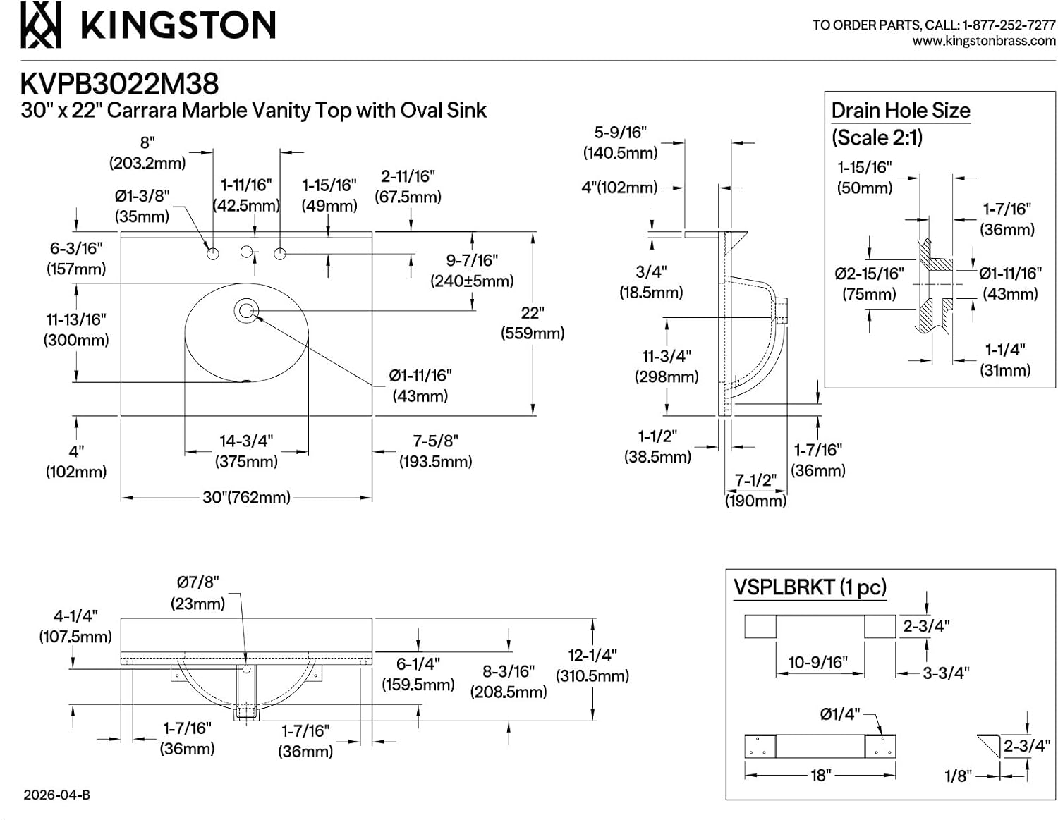 Kingston Brass KVPB3022M38 Fauceture Templeton Vanity with Tops with 17' x 14' Undermount Sink, 30' L x 22' W x 12-1/4' D, Carrara Marble White