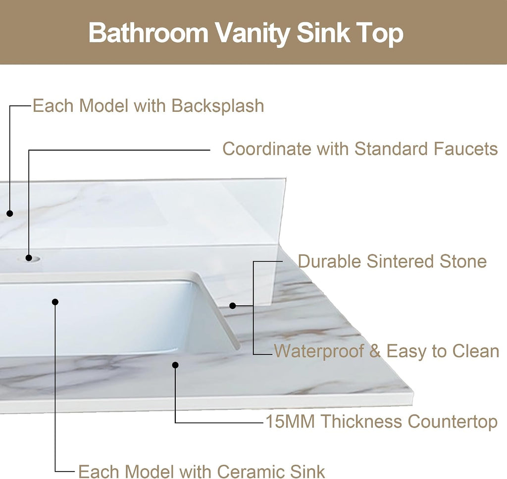 43 Inch Marble Vanity Top with Sink, Sintered Stone Vanity Sink Top with Undermount Ceramic Sink & Backsplash, Single Hole Countertops for Bathroom (Belly Golden)