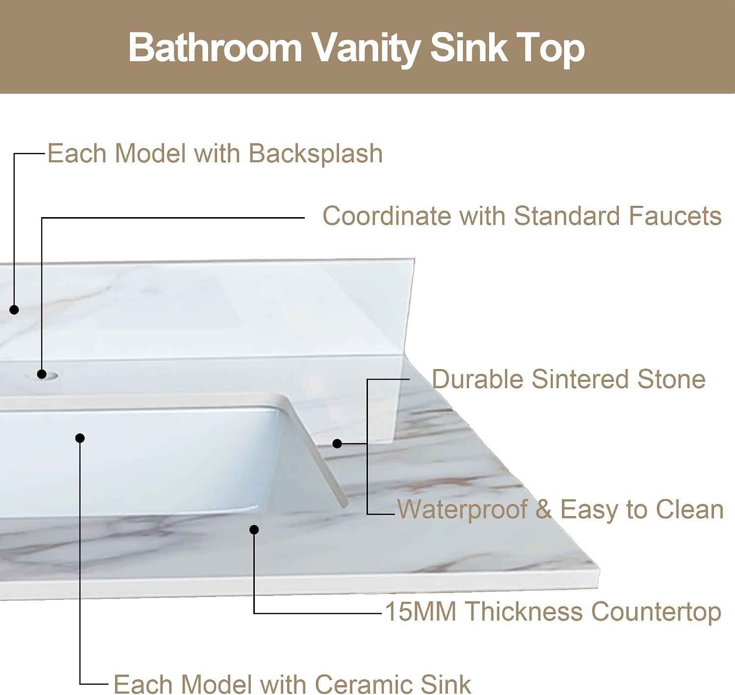 43 Inch Marble Vanity Top with Sink, Sintered Stone Vanity Sink Top with Undermount Ceramic Sink & Backsplash, Single Hole Countertops for Bathroom (Belly Golden)