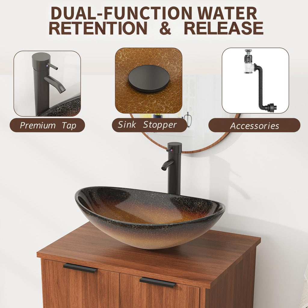 EROMMY 24 Inch Bathroom Vanity with Sink Combo, Bathroom Vanity with 2 Doors, Rustic Freestanding Bathroom Cabinet with Adjustable Shelf & Boat Glass Vessel Sink, Includes Water Tap & Sink Accessories