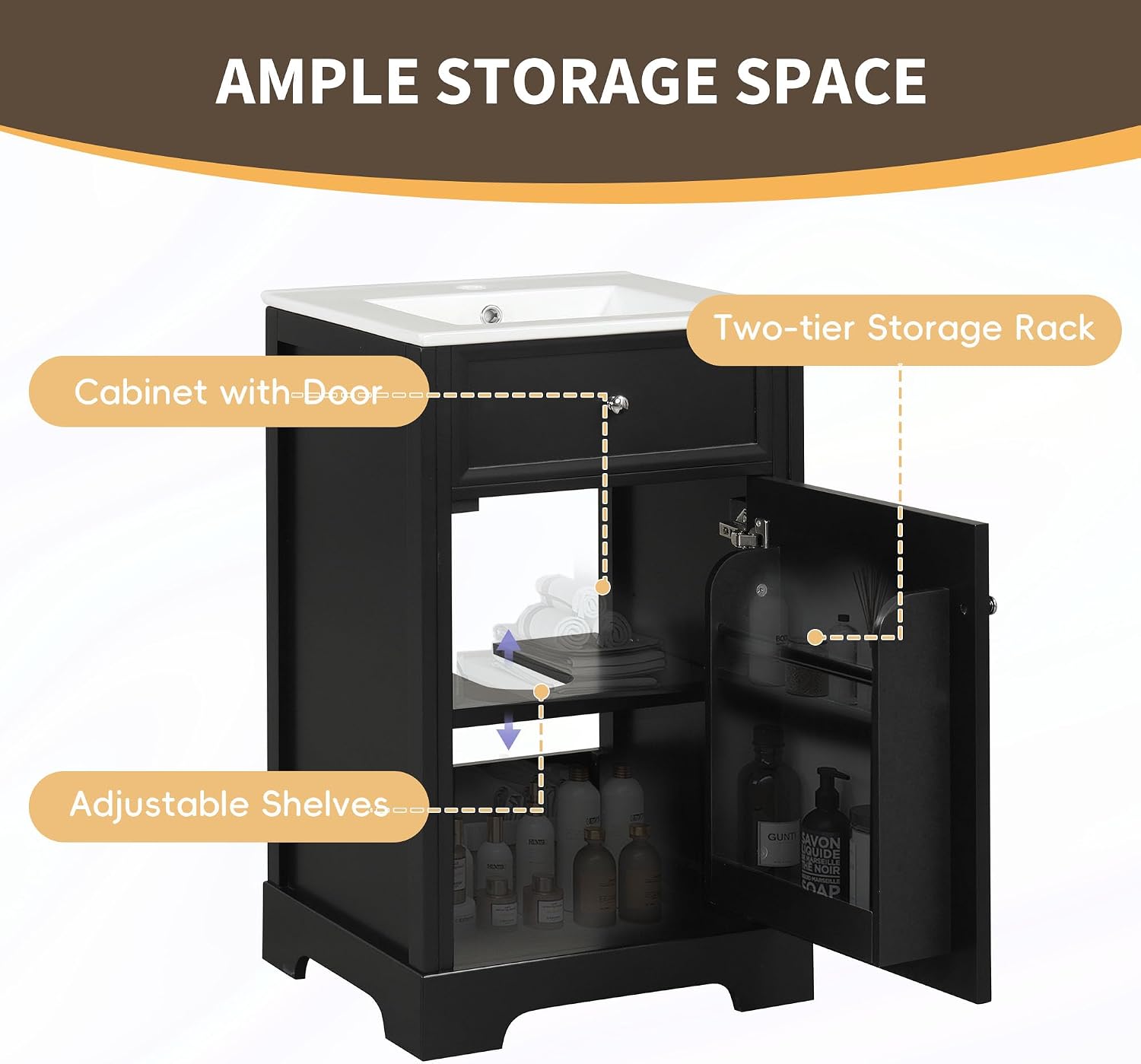 20' Bathroom Vanity with Sink, Harper & Bright Designs Free Standing Single Basin Vanity Set with Soft Closing Door and Storage Rack, Solid Wood Bathroom Cabinet with Ceramic Basin for Bathroom, Black