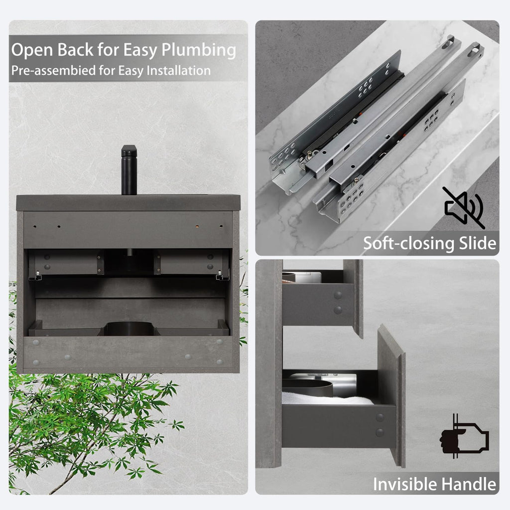 30' Floating Bathroom Vanity with Sink, Modern Wall-Mounted Bathroom Storage Vanity Cabinet with Black Quartz Sand Top Basin and Soft Close Drawers