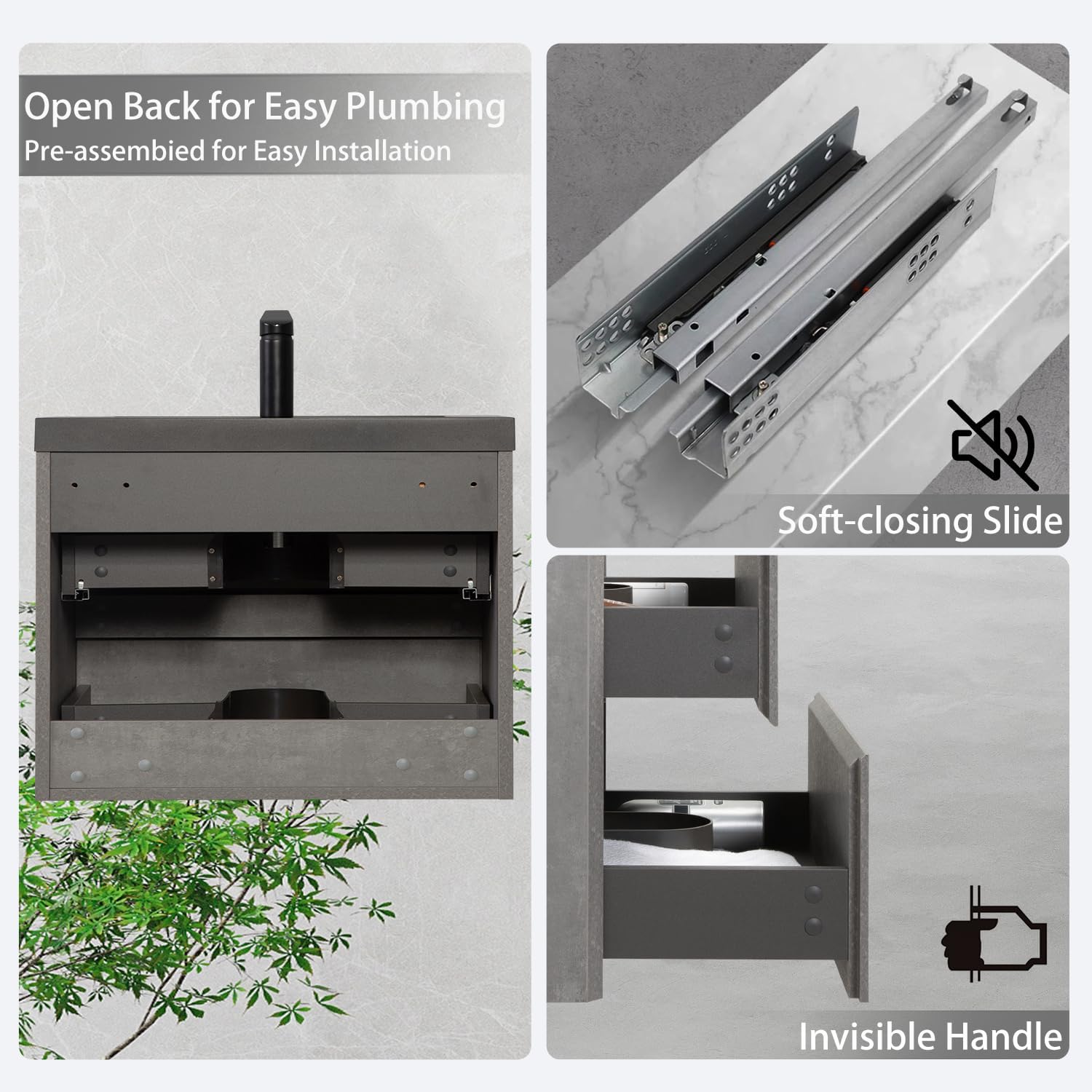 30' Floating Bathroom Vanity with Sink, Modern Wall-Mounted Bathroom Storage Vanity Cabinet with Black Quartz Sand Top Basin and Soft Close Drawers